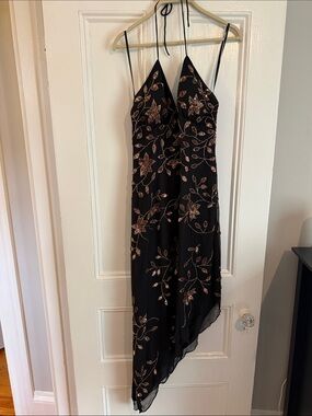 Cache Black Halter Asymmetrical Dress with Rose-Gold Floral Sequin Embroidery M